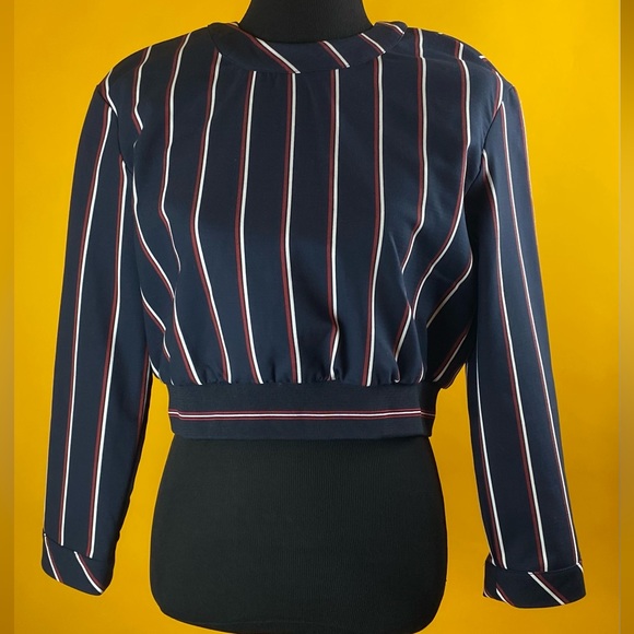 NWT Zara Navy Burgundy Striped Crop Top - Picture 1 of 7